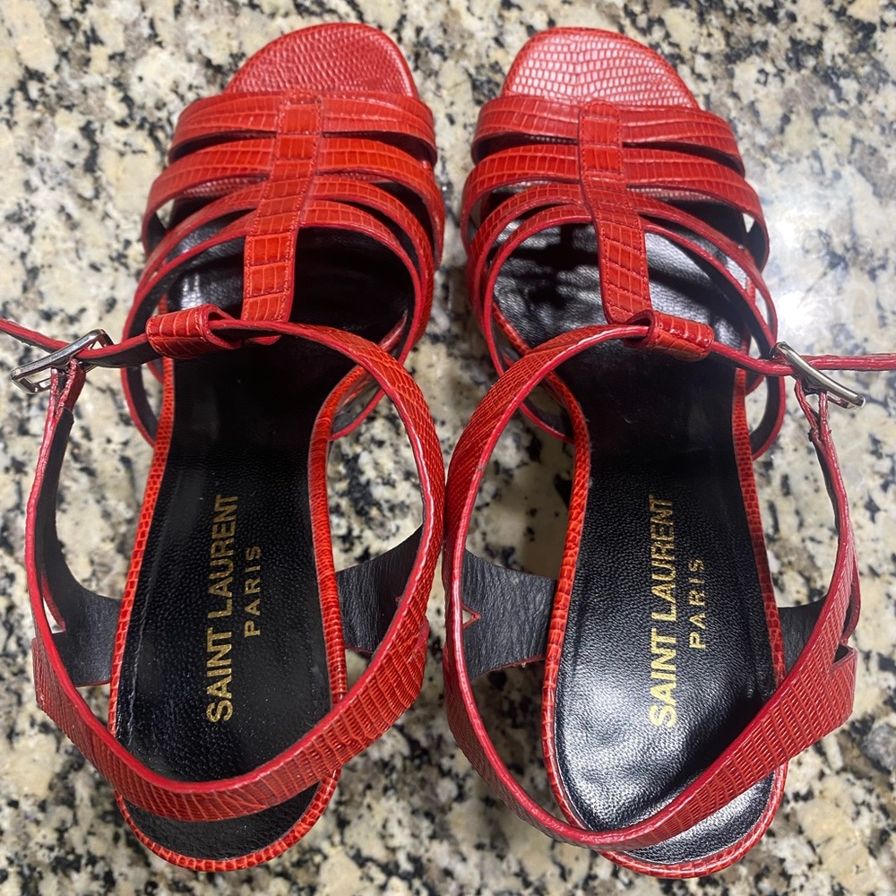 Saint Laurent Red Strappy Textured Leather Platform Heels - Picture 3 of 7